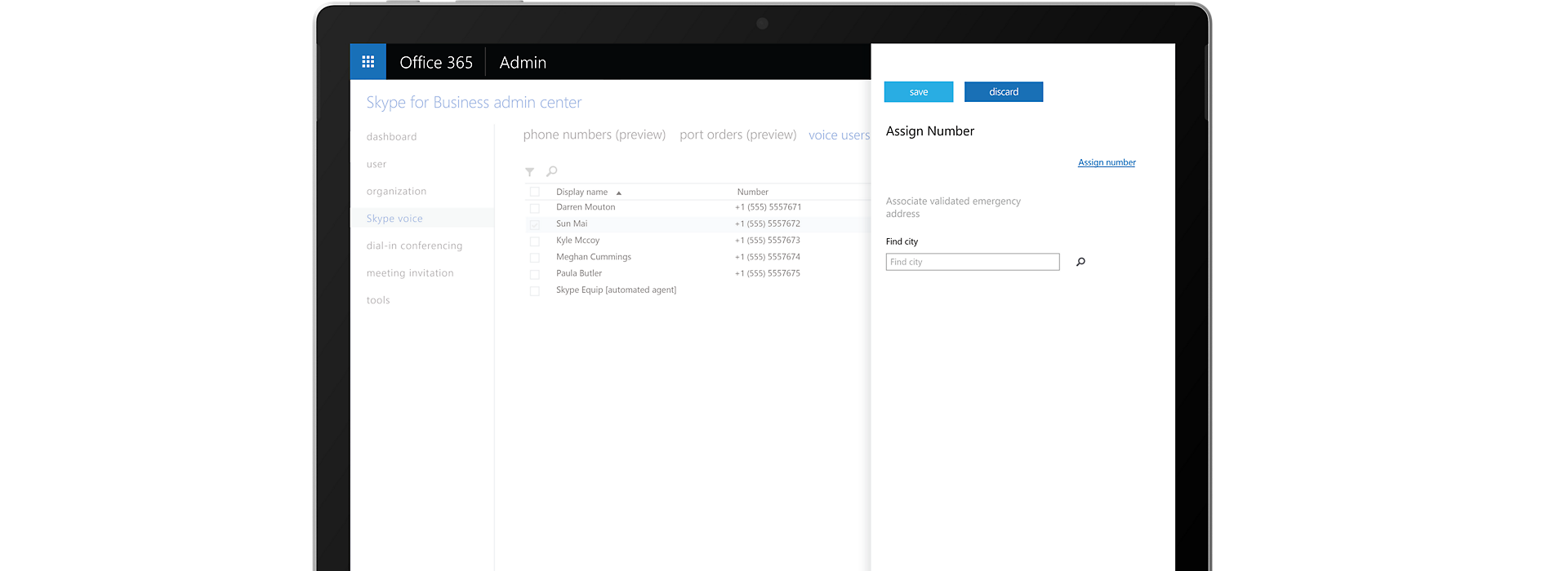 Device screen showing a user assigning a number to a contact in the Skype for Business admin center