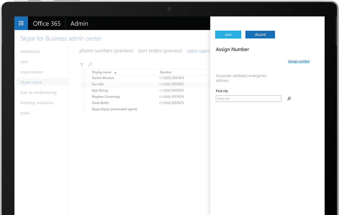 Device screen showing a user assigning a number to a contact in the Skype for Business admin center
