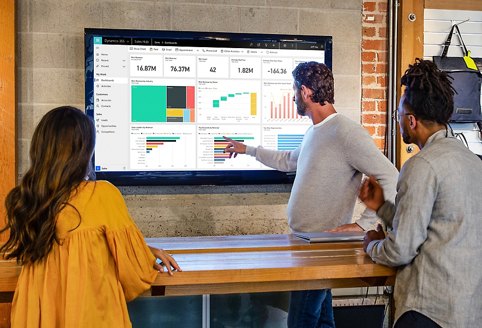 Three people in a meeting room looking at a television displaying a dashboard in Dynamics 365