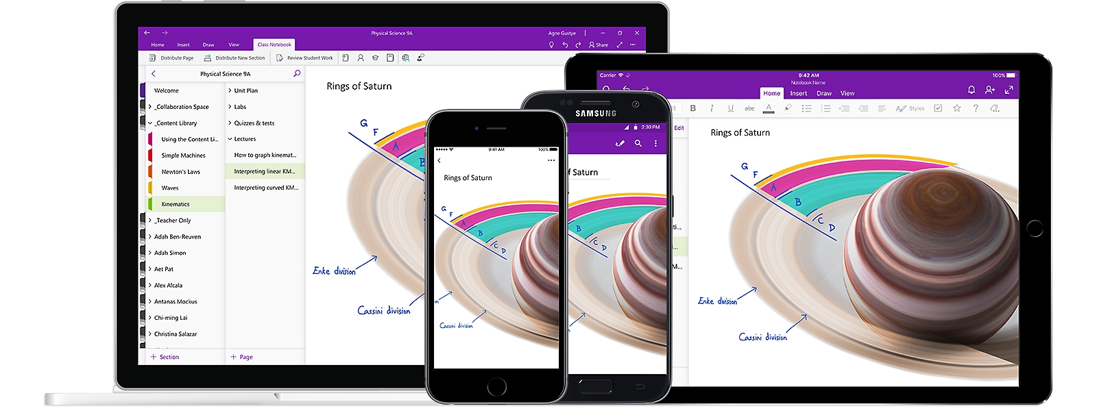Multiple device screens displaying a OneNote notebook called Physical Science 9A showing a lesson about the Rings of Saturn.