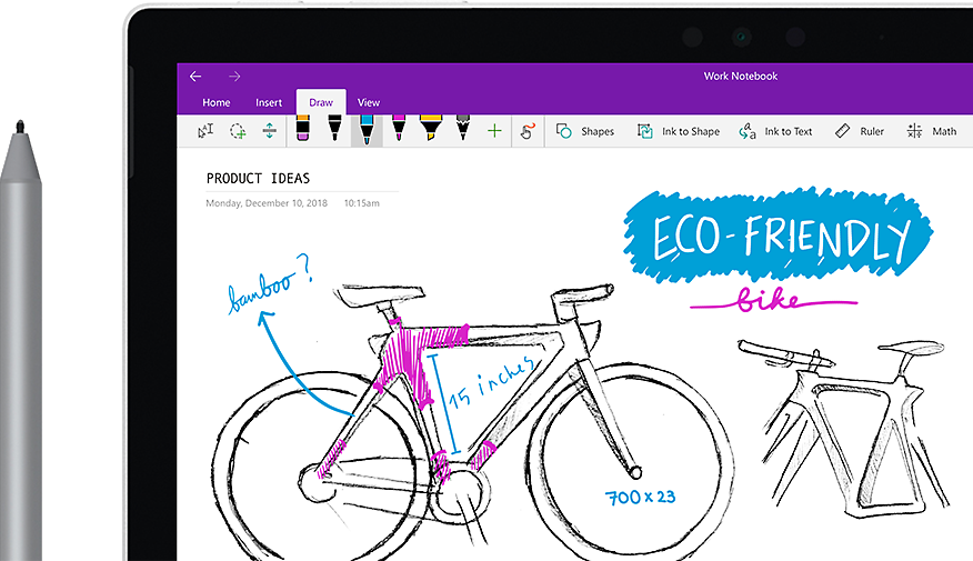 一支数字笔，在平板电脑上勾勒出名为“Eco-friendly bike”的自行车图像。