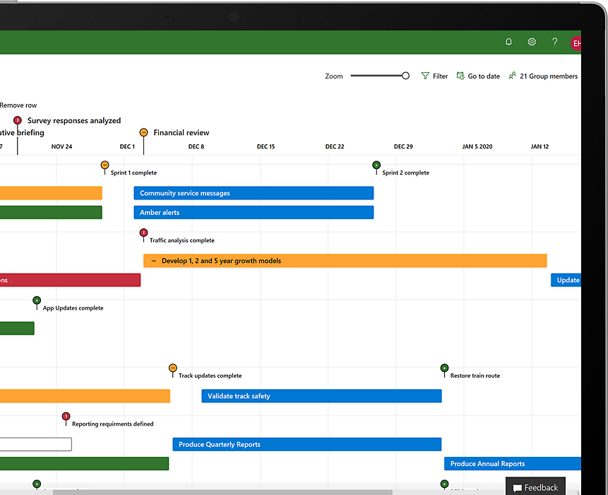 Device showing Project Roadmap timelines