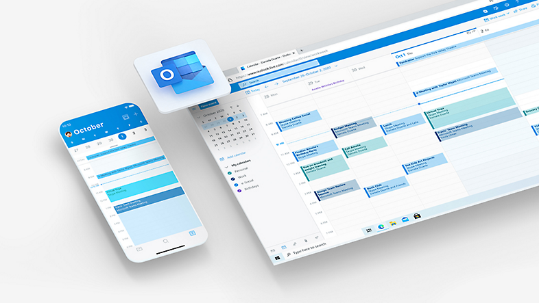 מסך של מכשיר נייד ומסך של טאבלט שמציגים תצוגת לוח שנה של Outlook.