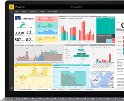 Device showing Power BI open with a series of data visualizations