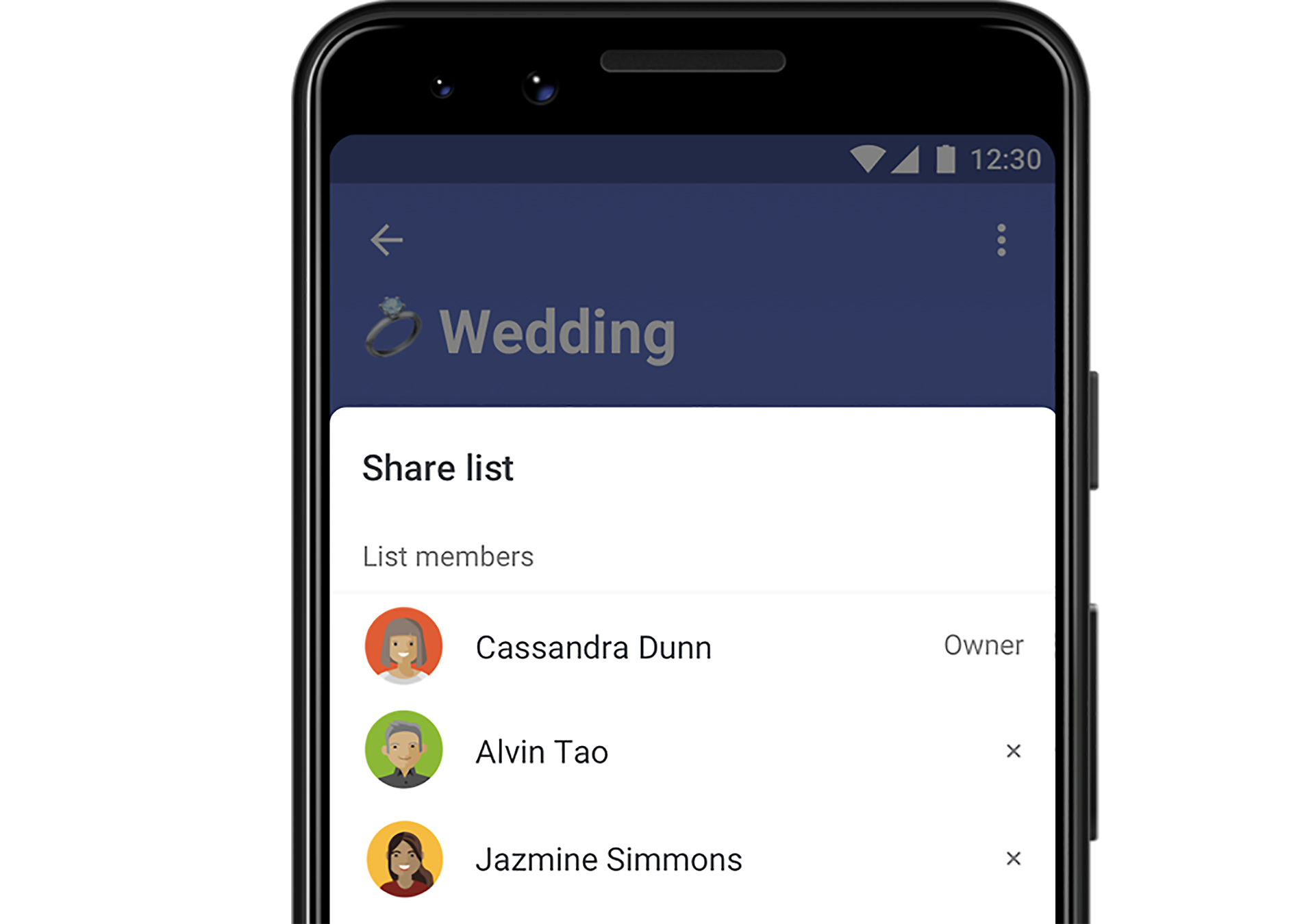 Una lista de recursos compartidos para una lista de planificación de boda en la aplicación To Do