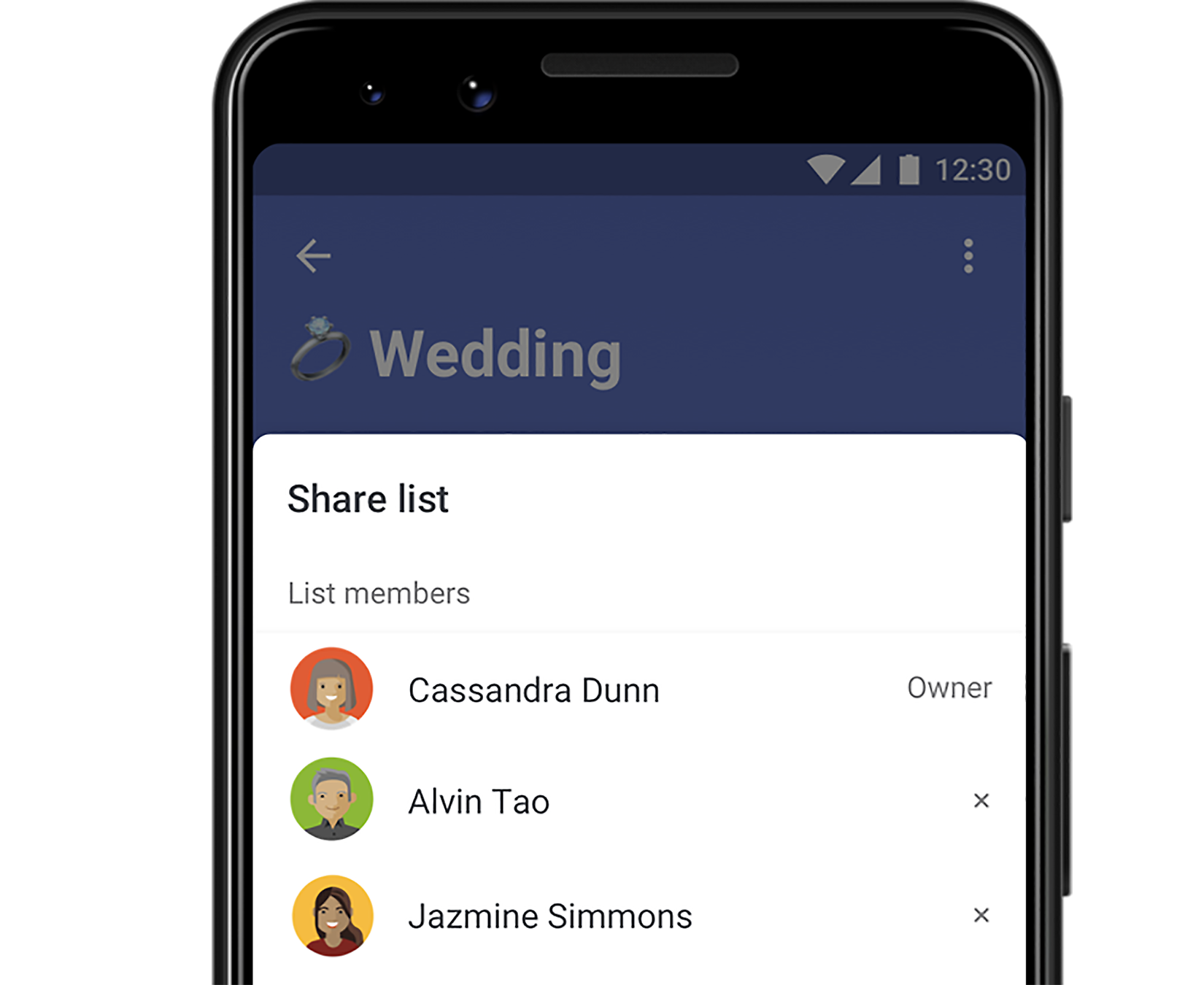 En delingsliste for en bryllupsplanleggingsliste i To Do-appen