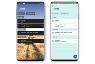 Two mobile phones displaying planned tasks in different colored themes.