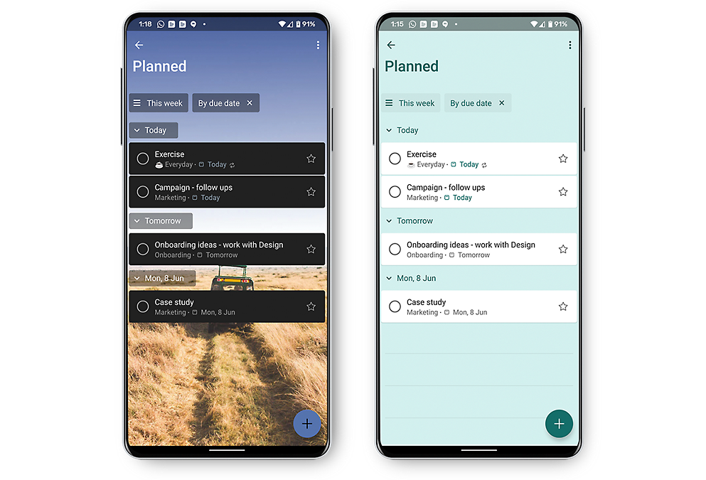 Two mobile phones displaying planned tasks in different colored themes.