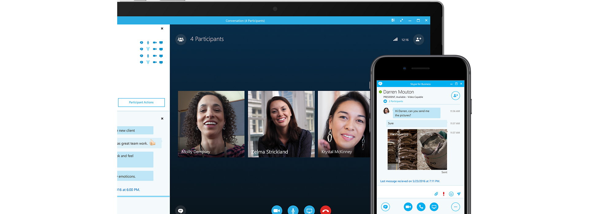 Gerätebildschirm mit einer Skype for Business-Onlinebesprechung, die vom Display eines Mobilgeräts überlagert wird, das derselben Konferenz zugeschaltet ist