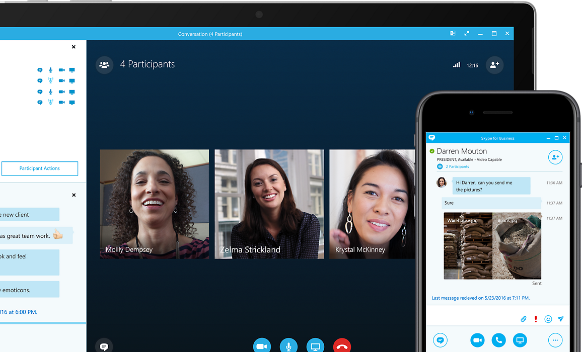 Pantalla de dispositivo que muestra una reunión online de Skype Empresarial superpuesta por la pantalla de un dispositivo móvil conectado a la misma reunión