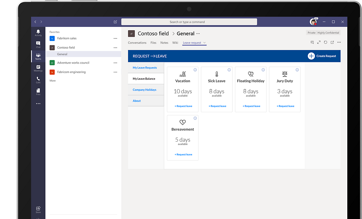 A tablet showing leave requests in Microsoft Teams