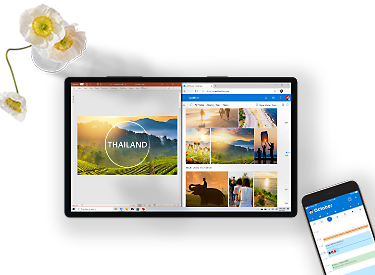 Écran de tablette montrant PowerPoint et OneDrive ouverts côte à côte et écran de téléphone montrant un calendrier Outlook.