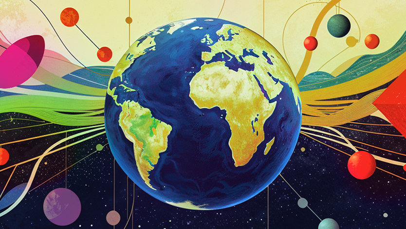Colorful abstract illustration with geometric shapes and Earth.