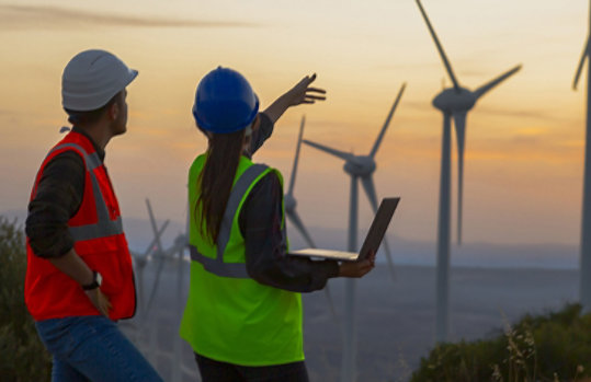 Two workers in safety gear observe wind turbines at sunset.