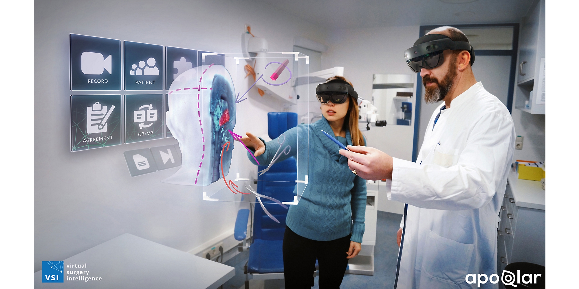 A doctor and another healthcare professional using HoloLens 2 devices to look at a mixed reality diagram of a human head.