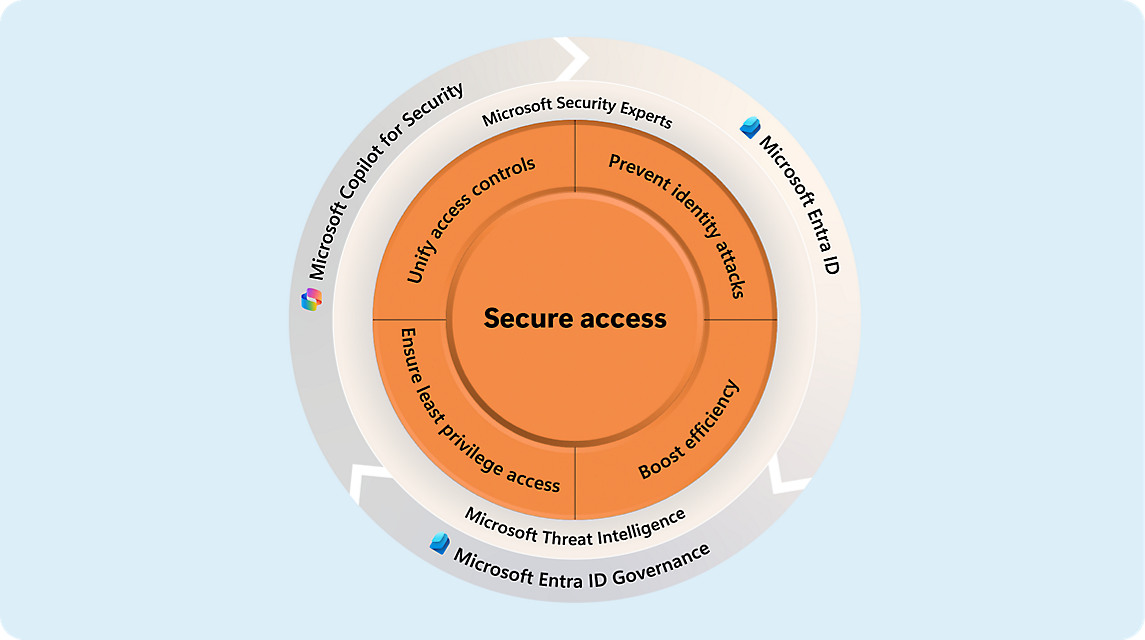 Diagram illustrating secure access layers: central "secure access" circle surrounded by features