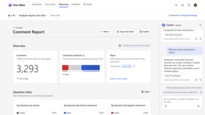 コメントのセンチメント、コメント数を示す Viva Glint コメント レポート ダッシュボードのスクリーンショット