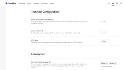 Viva Glint プラットフォームの技術構成とローカライゼーション設定のスクリーンショット。SSO クライアントのオプションが示されています