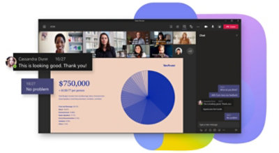 A Teams meeting where a presentation is being given and messages are popped out over the meeting pane.