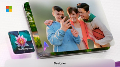 Trije najstniki se smehljajo ob pametnem telefonu, pod njimi pa je prikazan grafični vmesnik oblikovalskega orodja.