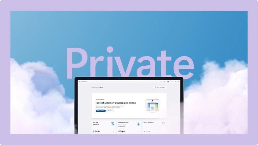 Obrázek s pozadím z mraků a nápisem Private a Defenderem otevřeným na obrazovce notebooku