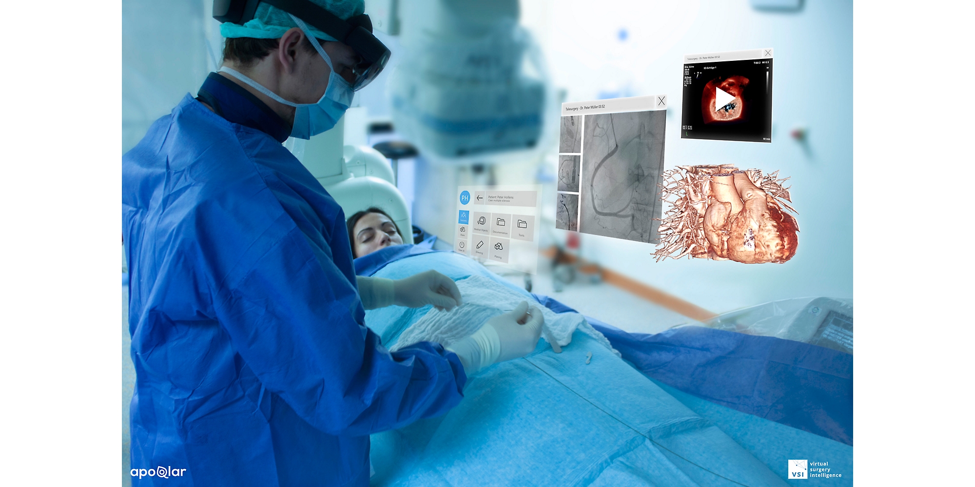 HoloLens 2 を装着して患者を手術し、複合現実で図を表示している外科医。