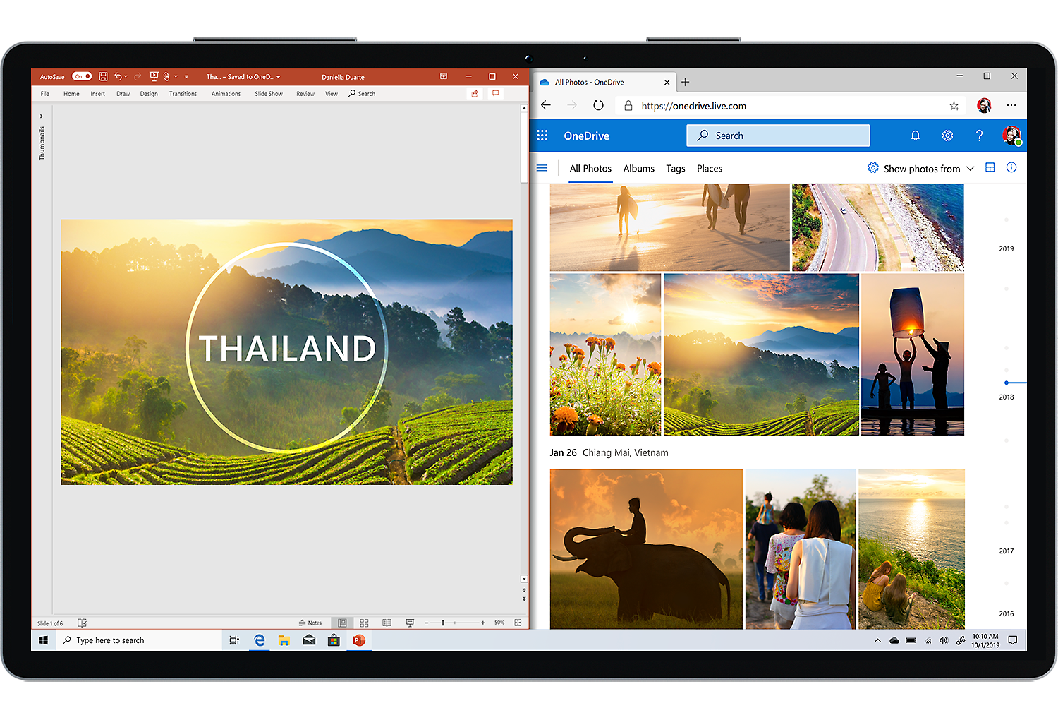 Дисплей с двумя окнами: одно с презентацией PowerPoint о Таиланде, а другое — с фотографиями из Таиланда в папке "Изображения" в OneDrive.
