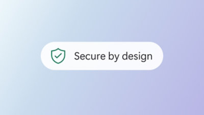 Security shield icon with Secure by design label on a gradient background.