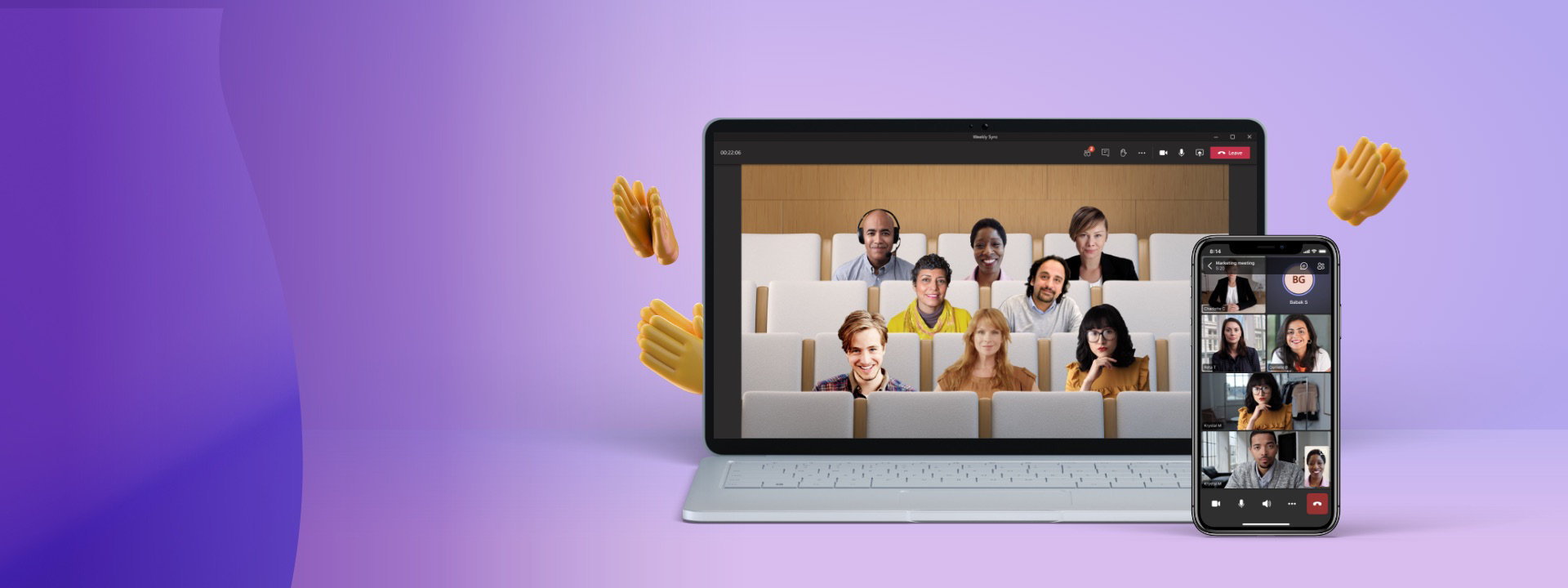 A laptop and a mobile phone displaying video calls in Together mode in Teams.