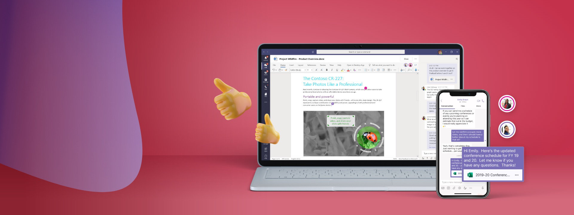 A laptop and a mobile phone displaying a chat conversation and a Word document being edited together in Teams.
