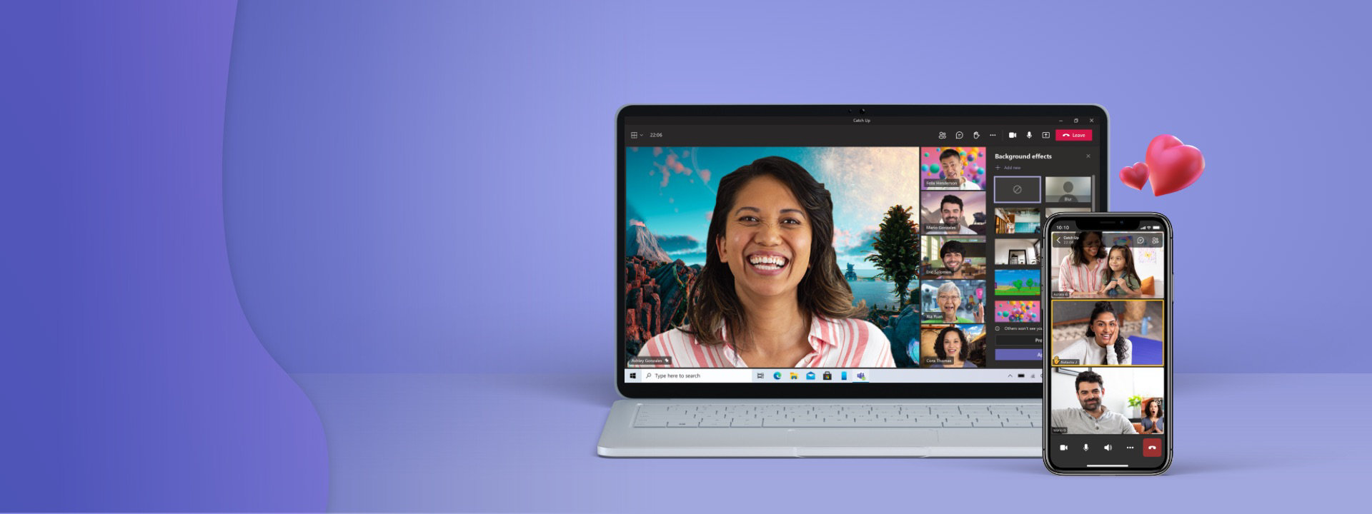 A mobile phone displaying a Teams call and a laptop displaying a Teams call and different custom backgrounds that can be used.