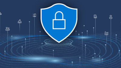 Et blått skjold med en hvit hengelås på