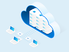 Ilustração do conceito de armazenamento na cloud com ficheiros num símbolo de nuvem ligado a três portáteis