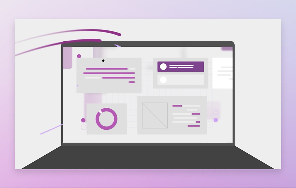 Ein Computerbildschirm mit violetten und weißen Grafiken
