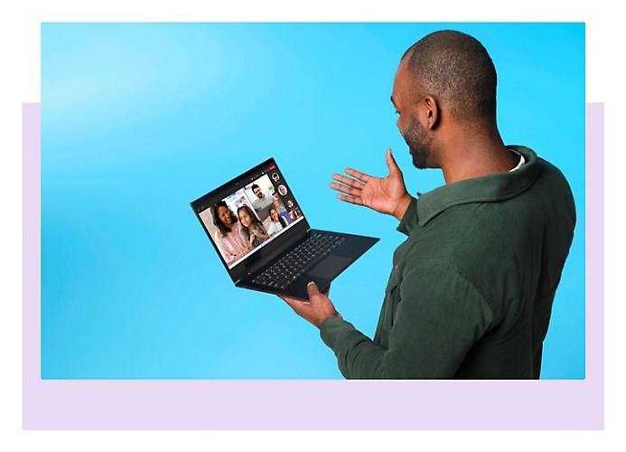 A person on a Teams video call on a laptop.