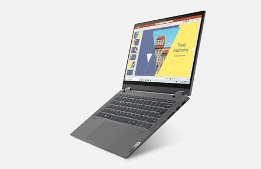 IdeaPad Flex 5 14 in laptop mode with PowerPoint onscreen.