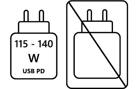 Zwei Piktogramme nebeneinander. Links: Hinweis auf erforderliche USB-PD-Stromversorgung von 115-140 W. Rechts: Durchgestrichenes Netzteil als Hinweis, dass dieses nicht enthalten ist. 