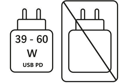 Kaksi kaaviokuvaa vierekkäin. Vasen: USB PD:n virtalähdevaatimus 39-60 W. Oikea: Ristillä varustettu virtalähde ilmaisee, ettei virtalähde sisälly pakkaukseen. 