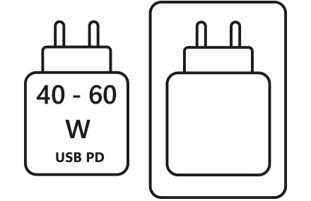 Deux pictogrammes côte à côte. Gauche : Alimentation USB PD de 40 à 60 W requise. Droite : Icône d’alimentation, indiquant qu’elle est incluse.