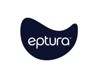 Logo van eptura op een marineblauwe abstracte vorm op een witte achtergrond.