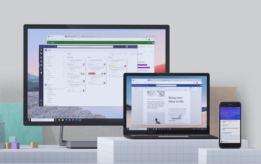 Varios dispositivos con Microsoft 365 en la pantalla.