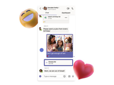 תצוגה ניידת של צ'אט קבוצתי ב- Teams עם תמונות משותפות ורשימת משימות.