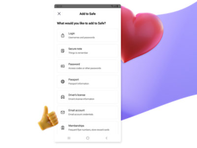 התצוגה למכשירים ניידים של Safe וסוגי המידע והקבצים שניתן להוסיף לכספת הדיגיטלית.
