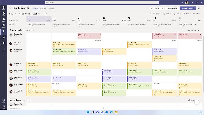 A color-coded shift schedule in Teams.