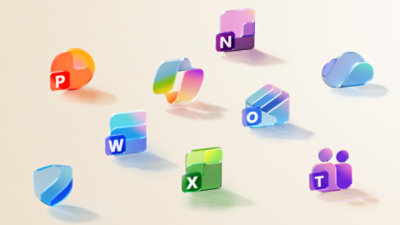 Microsoft 365 app icons including PowerPoint, Word, Excel, Outlook, Teams, OneNote, OneDrive, Copilot, and Designer displayed as colorful 3D illustrations on a light background.