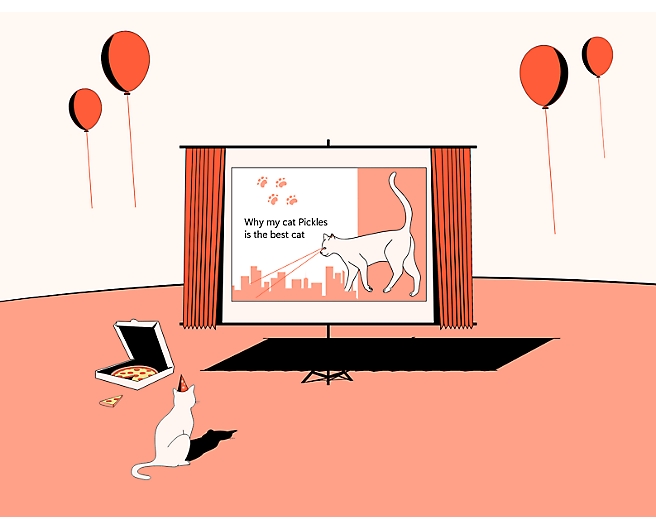 An animated image showing a screen with cat with curtains on each side and balloons