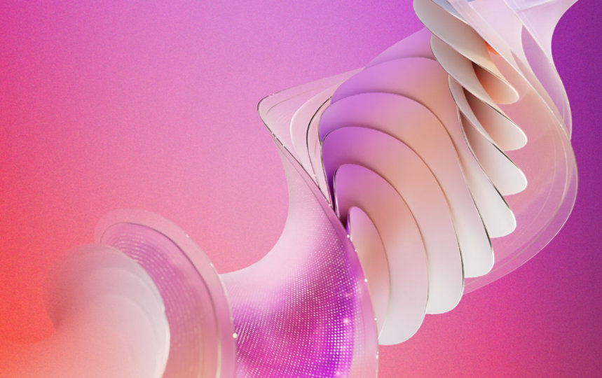  abstrakte 3D‑Formen in Weiß und Rosa vor pink‑violettem Farbverlauf.