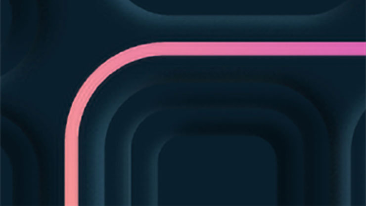 Eine leuchtende Linie in Pinktönen biegt vor einem dunklen Hintergrund mit abgerundeten, dreidimensionalen Formen nach rechts ab.