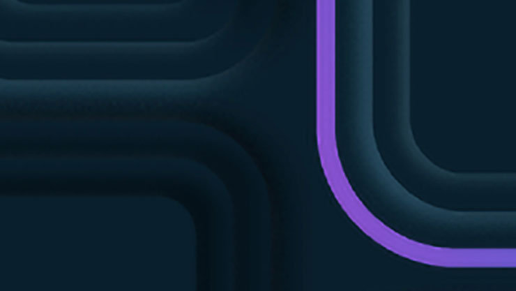 Eine leuchtende Linie in Lila verläuft auf einem dunklen Hintergrund mit abgerundeten dreidimensionalen Formen.
