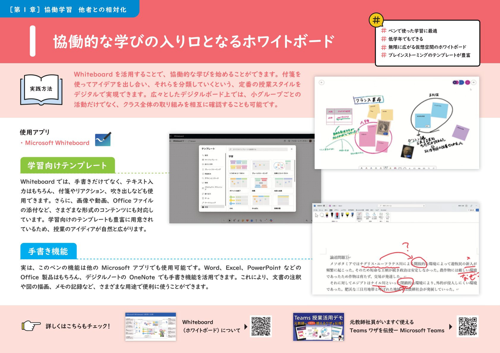 Microsoft Whiteboardを活用した授業活用例。手書き・付箋・テンプレート機能を使って、協働学習を促進する構成を紹介。